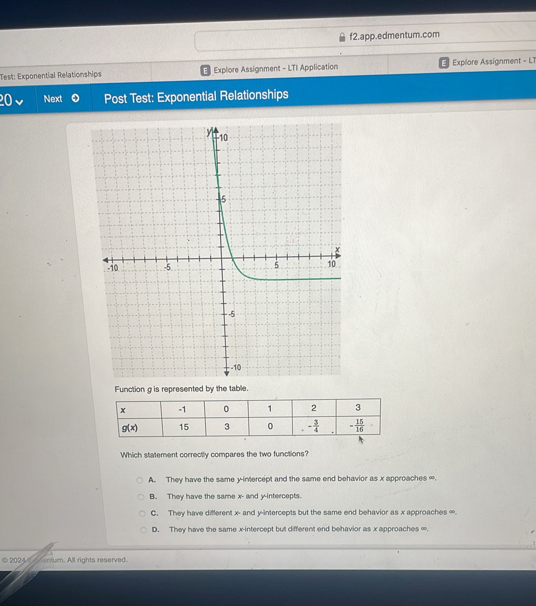 f2.app.edmentum.com
Test: Exponential Relationships Explore Assignment - LTI Application Explore Assignment - LT
Next Post Test: Exponential Relationships
Function g is represented by the table.
Which statement correctly compares the two functions?
A. They have the same y-intercept and the same end behavior as x approaches ∞.
B. They have the same x- and y-intercepts.
C. They have different x- and y-intercepts but the same end behavior as x approaches ∞.
D. They have the same x-intercept but different end behavior as x approaches ∞.
© 2024 entum. All rights reserved.
