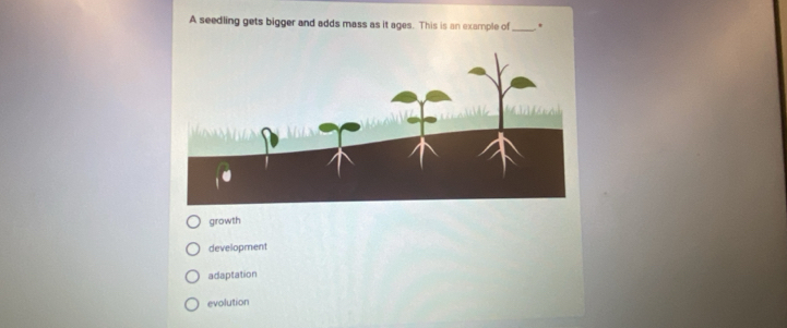 A seedling gets bigger and adds mass as it ages. This is an example of_
growth
development
adaptation
evolution