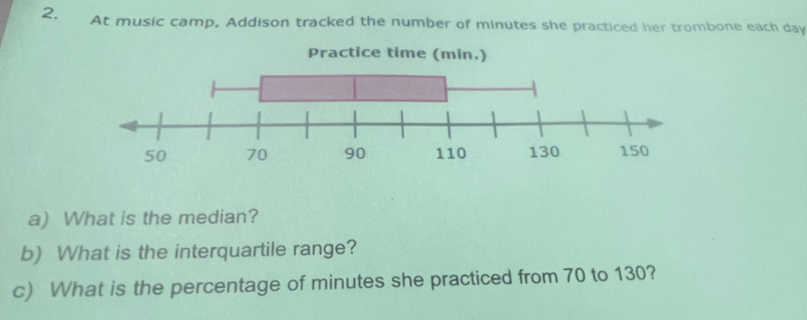 At music camp, Addison tracked the number of minutes she practiced her trombone each day
a) What is the median? 
b) What is the interquartile range? 
c) What is the percentage of minutes she practiced from 70 to 130?