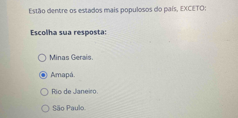 Estão dentre os estados mais populosos do país, EXCETO:
Escolha sua resposta:
Minas Gerais.
Amapá.
Rio de Janeiro.
São Paulo.