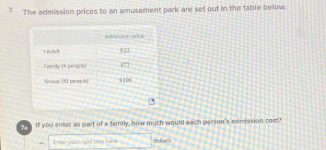 The admission prices to an amusement park are set out in the table below. 
If you enter as part of a family, how much would each person's admission cost? 
= Enter your next step here dollars