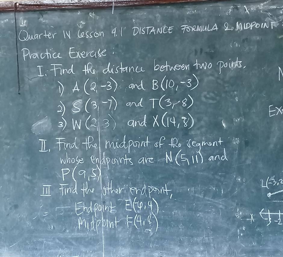 Quarter IV lesson 4. I DISTANCE TORMULA Z. MLOPOINF 
Practice Exercse: 
I Find the distance between two points, 
D A(2,-3) and B(10,-3)
2) S(3,-7) and T(3,8)
Ex 
3 w(2,3) and X(14,8)
I. Find the midpoint of Re segment u
whose endpaints are N(5,11) and
P(9,5)
Find the other endpoint, 
Le3, 2 
Endpaint E(-4,4)
midebint F(4,8)