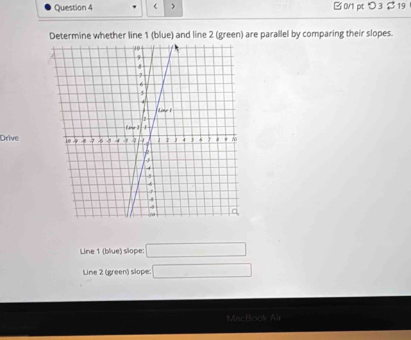 < > □ 0/1 pt つ 3 $ 19 
Determine whether line 1 (blue) and line 2 (green) are parallel by comparing their slopes. 
Drive 
Line 1 (blue) slope: □ 
Line 2 (green) slope: □ 
MacBook Alr