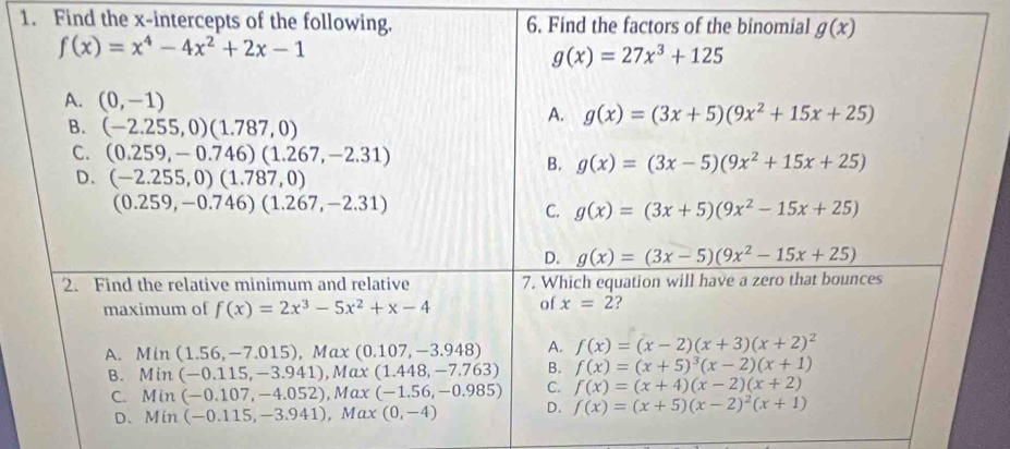 Find the x-intercepts of the following.