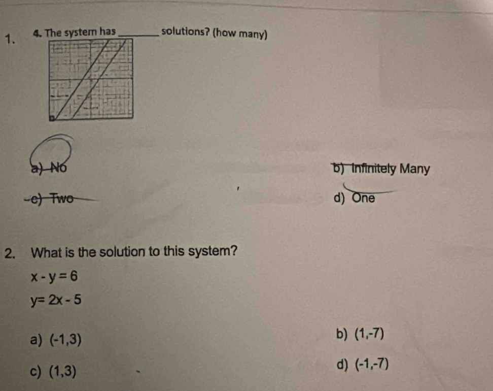 The system has _solutions? (how many)
a) No b) Infinitely Many
e) Two d) One
2. What is the solution to this system?
x-y=6
y=2x-5
a) (-1,3)
b) (1,-7)
c) (1,3)
d) (-1,-7)