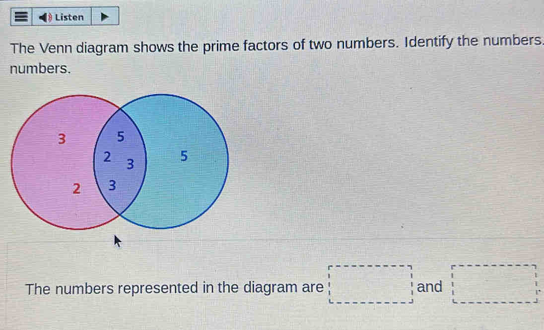 Listen 
The Venn diagram shows the prime factors of two numbers. Identify the numbers. 
numbers. 
The numbers represented in the diagram are □ and □