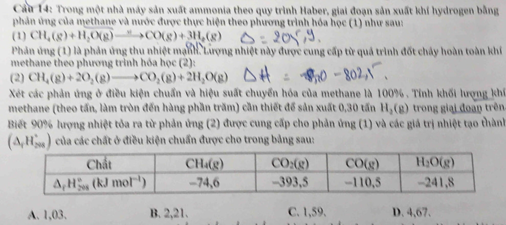 Cầu 14: Trong một nhà máy sản xuất ammonia theo quy trình Haber, giai đoạn sản xuất khí hydrogen bằng
phản ứng của methane và nước được thực hiện theo phương trình hóa học (1) như sau:
(1) CH_4(g)+H_2O(g)to CO(g)+3H_2(g)
Phản ứng (1) là phản ứng thu nhiệt mạnh. Lượng nhiệt này được cung cấp từ quá trình đốt chảy hoàn toàn khí
methane theo phương trình hóa học (2):
(2) CH_4(g)+2O_2(g)to CO_2(g)+2H_2O(g)
Xét các phản ứng ở điều kiện chuẩn và hiệu suất chuyển hóa của methane là 100% . Tính khối lượng khí
methane (theo tấn, làm tròn đến hàng phần trăm) cần thiết để sản xuất 0,30 tấn H_2(g) trong giai đoạn trên
Biết 90% hượng nhiệt tỏa ra từ phản ứng (2) được cung cấp cho phản ứng (1) và các giá trị nhiệt tạo thành
(△ _fH_(208)°) của các chất ở điều kiện chuẩn được cho trong bảng sau:
A. 1,03. B. 2,21. C. 1,59. D. 4,67.