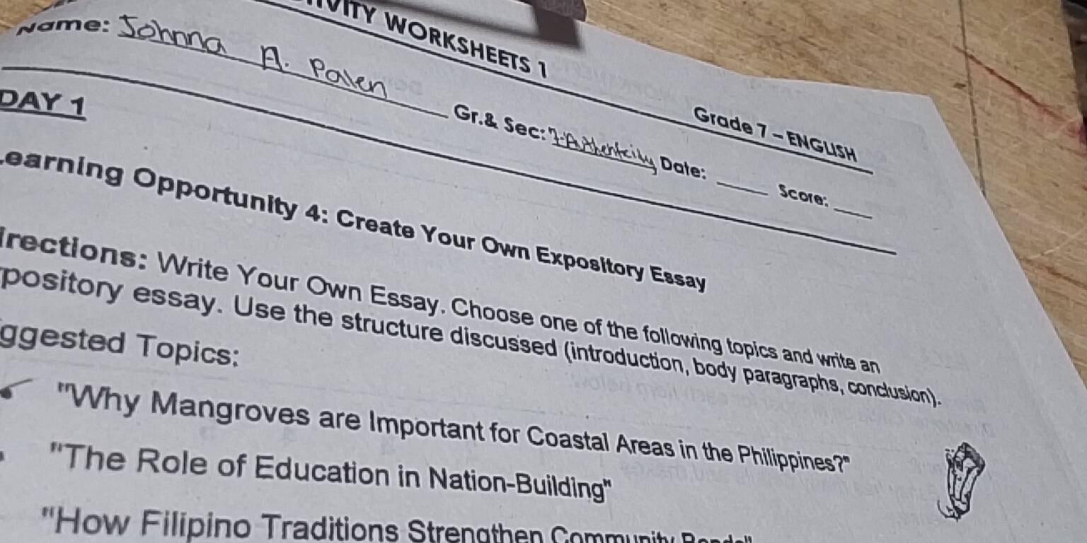 Solved: Name: _ VIT WORKSHEE _ DAY 1 _ _ Gr.& Sec: _Grade 7 - ENGLISH ...