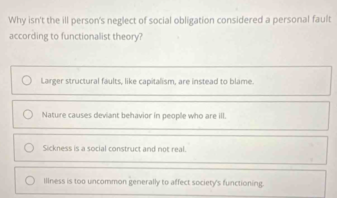 Solved: Why isn’t the ill person's neglect of social obligation ...