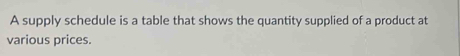 A supply schedule is a table that shows the quantity supplied of a product at 
various prices.