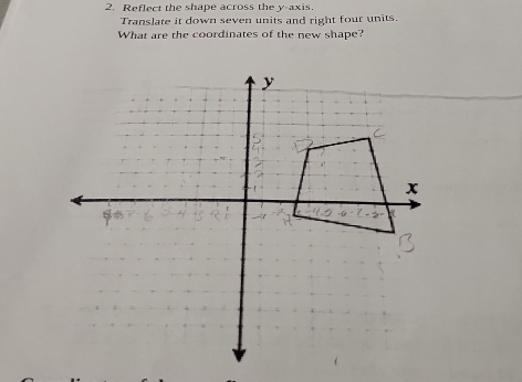 Reflect the shape across the y-axis. 
Translate it down seven units and right four units. 
What are the coordinates of the new shape?