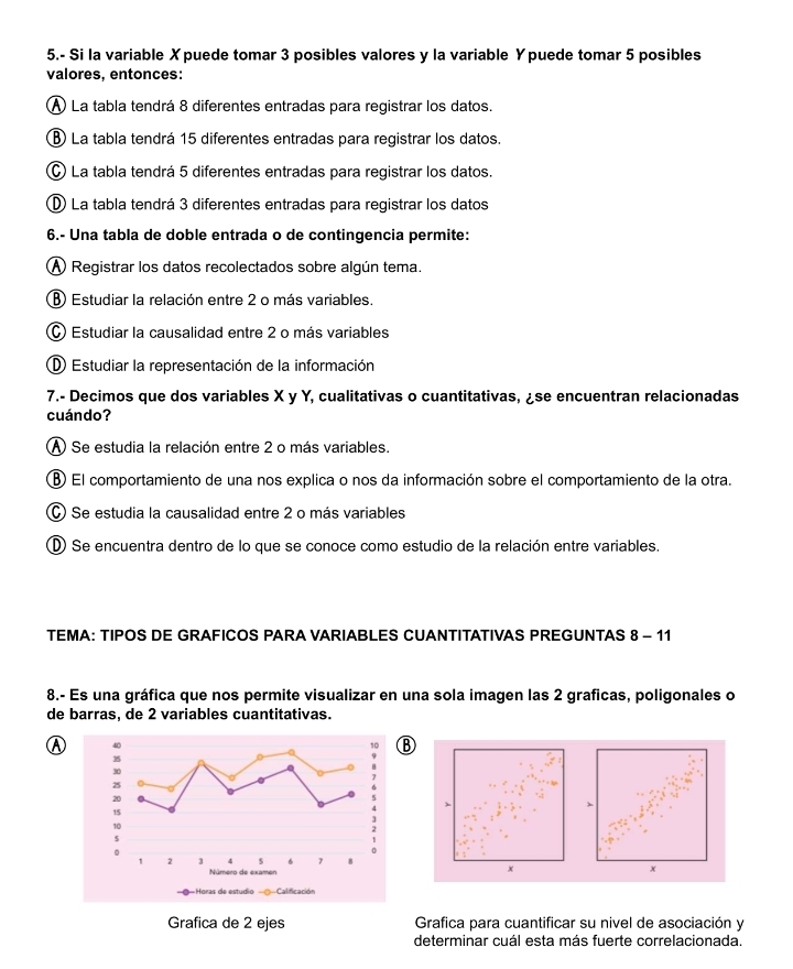 5.- Si la variable X puede tomar 3 posibles valores y la variable Y puede tomar 5 posibles
valores, entonces:
A La tabla tendrá 8 diferentes entradas para registrar los datos.
⑧ La tabla tendrá 15 diferentes entradas para registrar los datos.
C) La tabla tendrá 5 diferentes entradas para registrar los datos.
D La tabla tendrá 3 diferentes entradas para registrar los datos
6.- Una tabla de doble entrada o de contingencia permite:
A Registrar los datos recolectados sobre algún tema.
Estudiar la relación entre 2 o más variables.
Estudiar la causalidad entre 2 o más variables
D Estudiar la representación de la información
7.- Decimos que dos variables X y Y, cualitativas o cuantitativas, ¿se encuentran relacionadas
cuándo?
A Se estudia la relación entre 2 o más variables.
B El comportamiento de una nos explica o nos da información sobre el comportamiento de la otra.
C Se estudia la causalidad entre 2 o más variables
D Se encuentra dentro de lo que se conoce como estudio de la relación entre variables.
TEMA: TIPOS DE GRAFICOS PARA VARIABLES CUANTITATIVAS PREGUNTAS 8 - 11
8.- Es una gráfica que nos permite visualizar en una sola imagen las 2 graficas, poligonales o
de barras, de 2 variables cuantitativas.

、
×
x
Grafica de 2 ejes Grafica para cuantificar su nivel de asociación y
determinar cuál esta más fuerte correlacionada.