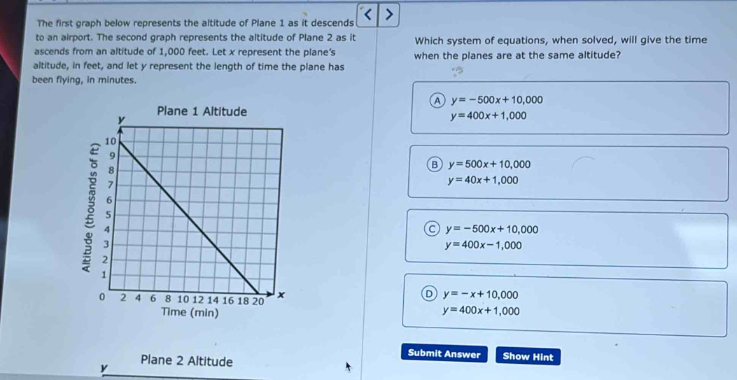 The first graph below represents the altitude of Plane 1 as it descends
to an airport. The second graph represents the altitude of Plane 2 as it Which system of equations, when solved, will give the time
ascends from an altitude of 1,000 feet. Let x represent the plane’s when the planes are at the same altitude?
altitude, in feet, and let y represent the length of time the plane has
been flying, in minutes.
a y=-500x+10,000
y=400x+1,000
B y=500x+10,000
y=40x+1,000
a y=-500x+10,000
y=400x-1,000
D y=-x+10,000
y=400x+1,000
Submit Answer
Plane 2 Altitude Show Hint
y