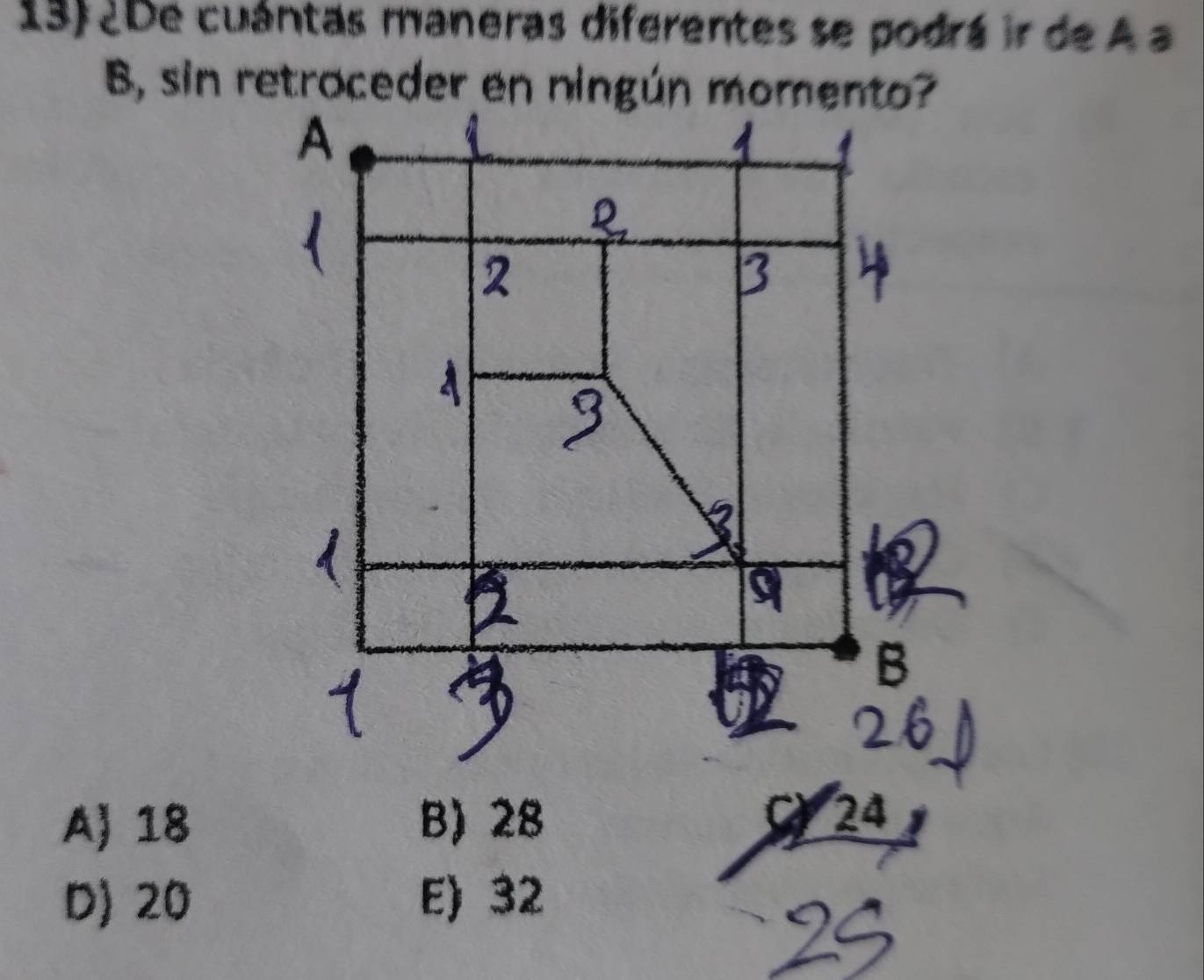 ¿De cuántas maneras diferentes se podrá ir de A a
B, sin retroceder en ningún momento?
a
B
A 18 B) 28 C 24
D) 20 E) 32