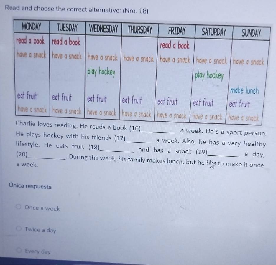 Read and choose the correct alternative: (Nro. 18)
_ a week. He’s a sport person.
He plays hockey with his friends (17)_ a week. Also, he has a very healthy
lifestyle. He eats fruit (18)_ and has a snack (19)_ a day,
(20) . During the week, his family makes lunch, but he has to make it once
a week.
Única respuesta
Once a week
Twice a day
Every day