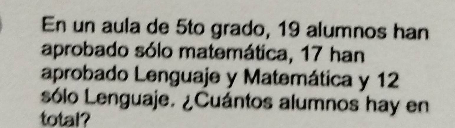 En un aula de 5to grado, 19 alumnos han 
aprobado sólo matemática, 17 han 
aprobado Lenguaje y Matemática y 12
sólo Lenguaje. ¿Cuántos alumnos hay en 
total?