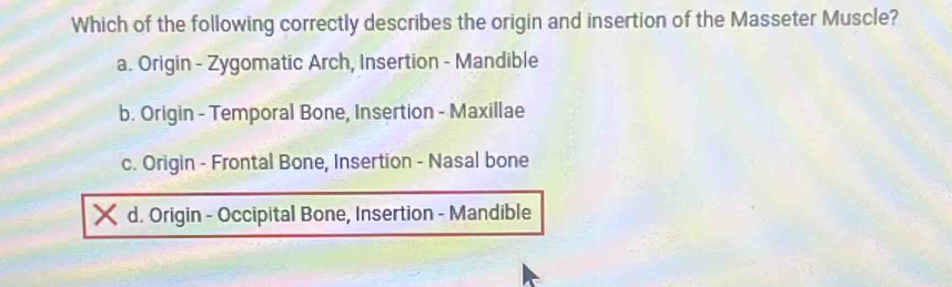 Which of the following correctly describes the origin and insertion of the Masseter Muscle?
a. Origin - Zygomatic Arch, Insertion - Mandible
b. Origin - Temporal Bone, Insertion - Maxillae
c. Origin - Frontal Bone, Insertion - Nasal bone
× d. Origin - Occipital Bone, Insertion - Mandible