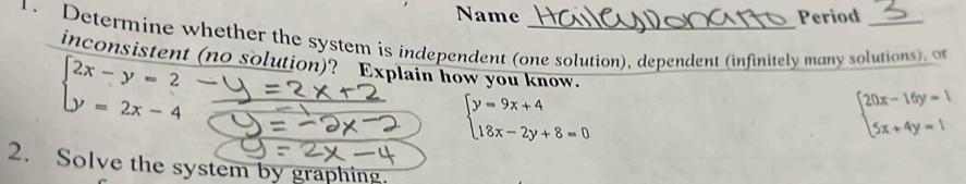 Name Period
1. Determine whether the system is independent (one solution), dependent (infinitely many solutions), or
inconsistent (n0 solution)? Explain how you know. beginarrayl 20x-16y=1 5x+4y=1endarray.
beginarrayl 2x-y=2 y=2x-4endarray.
beginarrayl y=9x+4 18x-2y+8=0endarray.
2. Solve the system by graphing.