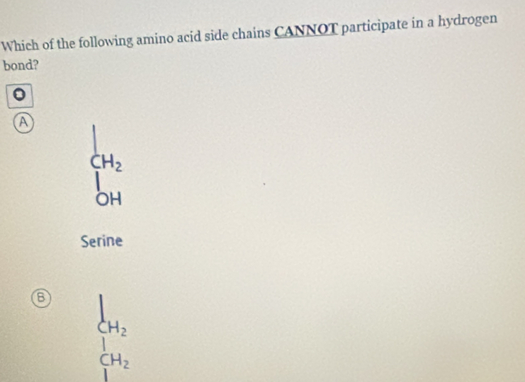 Which of the following amino acid side chains CANNOT participate in a hydrogen
bond?
A beginbmatrix H_2 OHendarray
Serine
B beginarrayr 1 1 -1 1t+t 1endarray