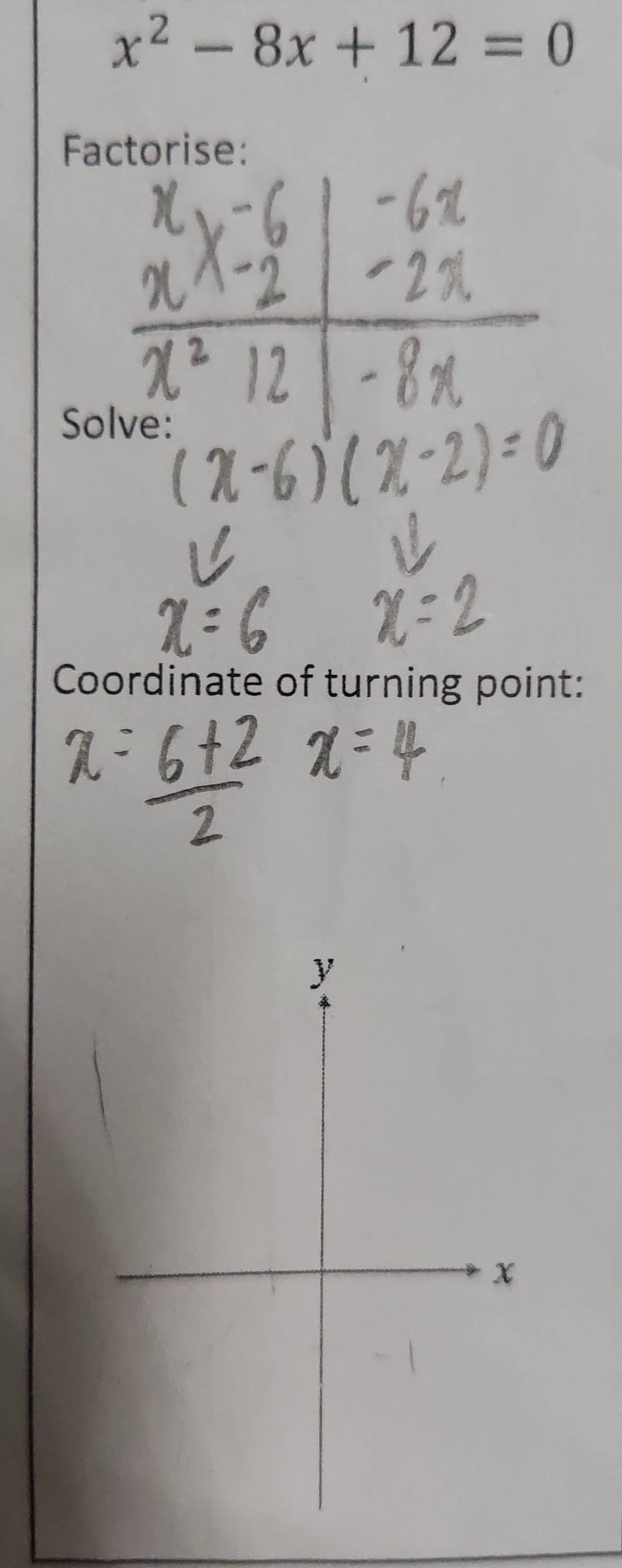 x^2-8x+12=0
Factorise: 
S 
Coordinate of turning point: