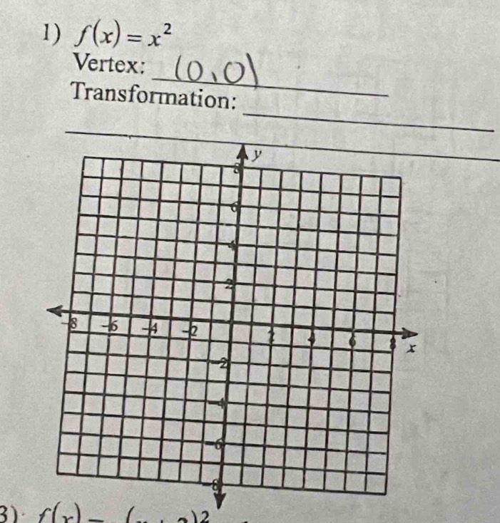 f(x)=x^2
_ 
Vertex: 
_ 
Transformation: 
3) f(x)-(