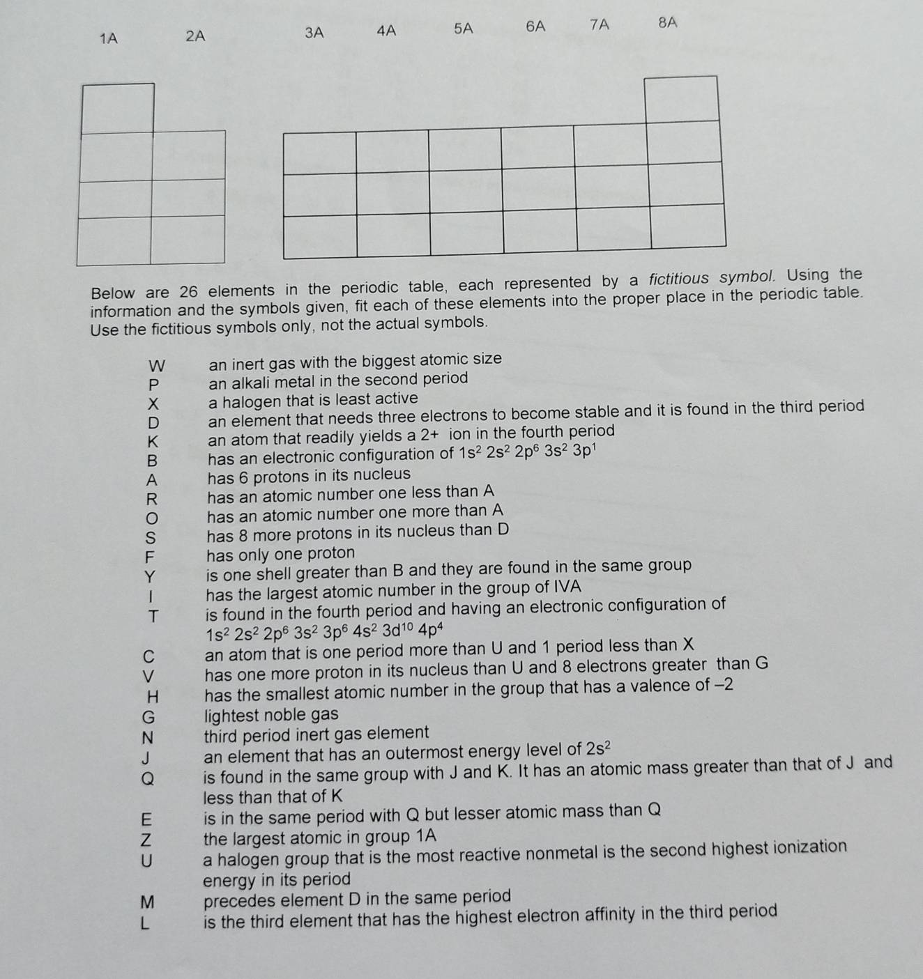 1A 2A 3A 4A 5A 6A 7A 8A 
Below are 26 elements in the periodic table, each represented by a fictitious symbol. Using the 
information and the symbols given, fit each of these elements into the proper place in the periodic table. 
Use the fictitious symbols only, not the actual symbols. 
W an inert gas with the biggest atomic size 
P an alkali metal in the second period 
X a halogen that is least active 
D an element that needs three electrons to become stable and it is found in the third period 
K an atom that readily yields a 2+ ion in the fourth period 
B has an electronic configuration of 1s^22s^22p^63s^23p^1
A has 6 protons in its nucleus 
R has an atomic number one less than A
has an atomic number one more than A 
S has 8 more protons in its nucleus than D
F has only one proton 
Y is one shell greater than B and they are found in the same group 
| has the largest atomic number in the group of IVA 
T is found in the fourth period and having an electronic configuration of
1s^22s^22p^63s^23p^64s^23d^(10)4p^4
C an atom that is one period more than U and 1 period less than X
V has one more proton in its nucleus than U and 8 electrons greater than G
H has the smallest atomic number in the group that has a valence of -2
G lightest noble gas 
N third period inert gas element 
J an element that has an outermost energy level of 2s^2
Q is found in the same group with J and K. It has an atomic mass greater than that of J and 
less than that of K
E is in the same period with Q but lesser atomic mass than Q
Z the largest atomic in group 1A 
U a halogen group that is the most reactive nonmetal is the second highest ionization 
energy in its period 
M precedes element D in the same period
L is the third element that has the highest electron affinity in the third period