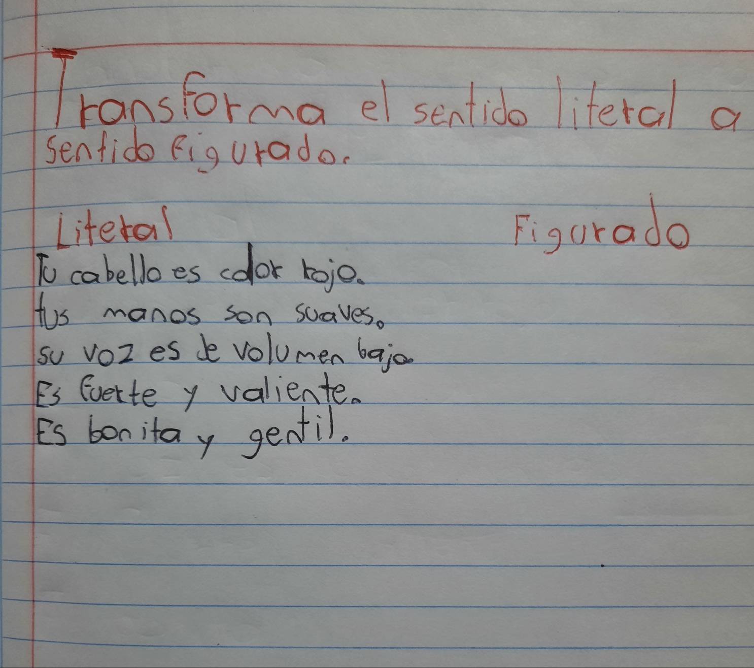 Transforma el sentido lileral a 
senfido figurado. 
Litetal figurado 
To cabelloes color tojo. 
His manos son suaves. 
so voZ es de volumen bajo 
Es Gvette y valiente. 
Es bonitay genfil.