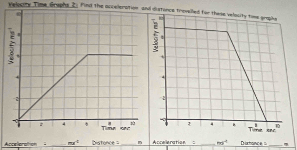 Velocity Time Graphs 2. Find the acceleration and distance
 
Acceleration = _ ms^2 Distance = _m Acceleration = _ ms^(-2) Distance = _m