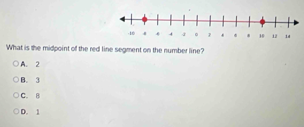 What is the midpoint of the red line segment on the number line?
A. 2
B. 3
C. 8
D. 1