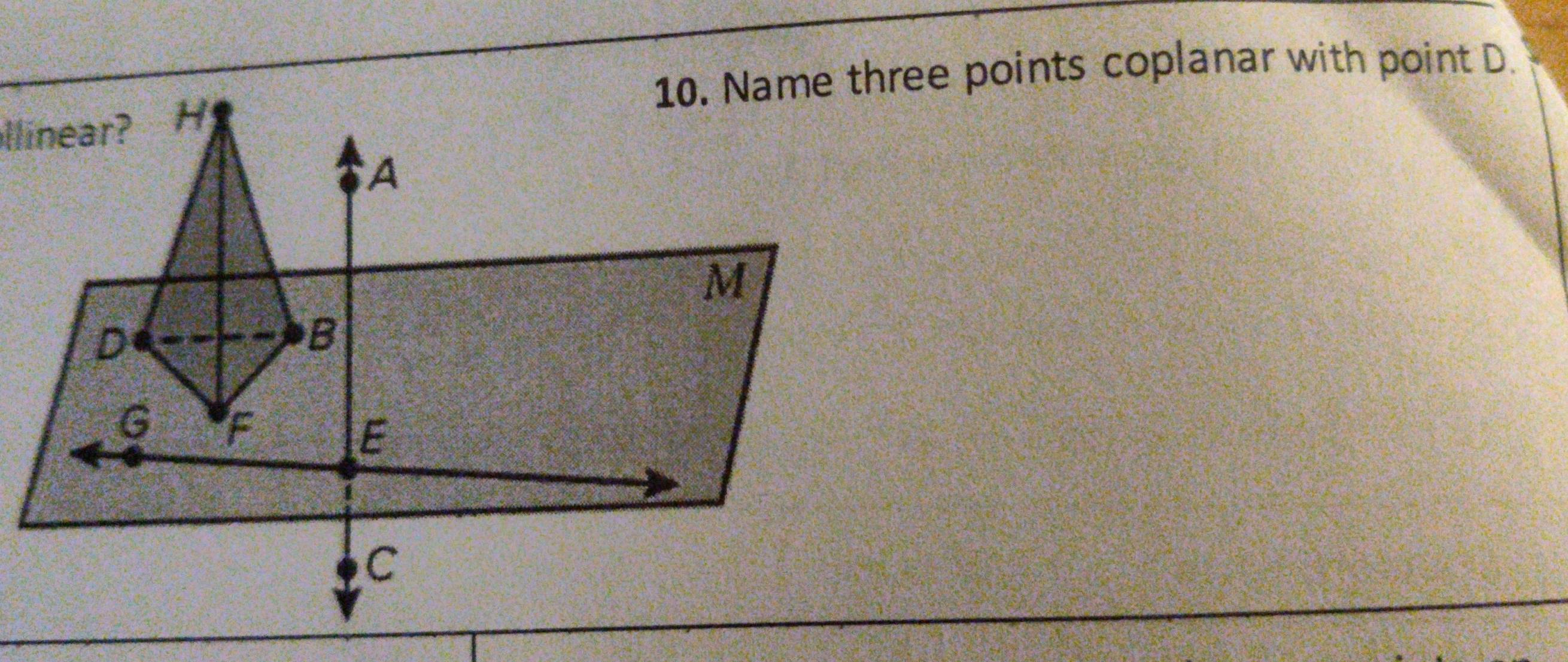 Name three points coplanar with point D.