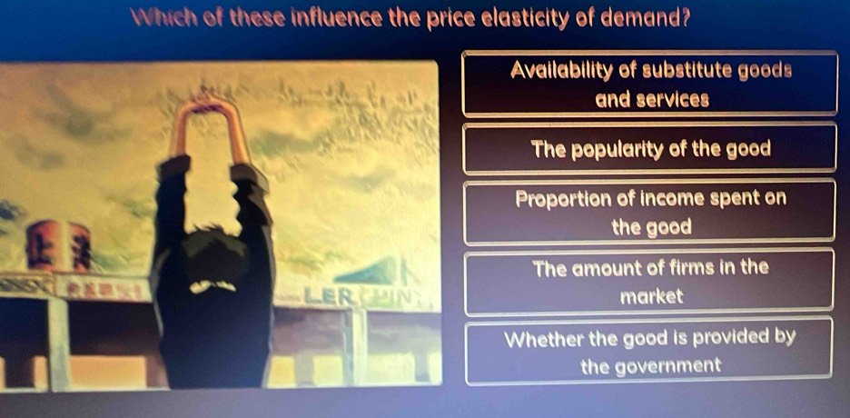 Which of these influence the price elasticity of demand?
Availability of substitute goods
and services
The popularity of the good
Proportion of income spent on
the good
The amount of firms in the
market
Whether the good is provided by
the government