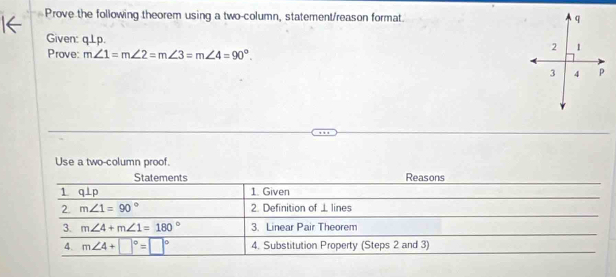 Prove the following theorem using a two-column, statement/reason format 
Given: q⊥ p. 
Prove: m∠ 1=m∠ 2=m∠ 3=m∠ 4=90°. 
Use a two-column proof. 
Statements Reasons 
1 q⊥p 1. Given 
2. m∠ 1=90° 2. Definition of ⊥ lines 
3. m∠ 4+m∠ 1=180° 3. Linear Pair Theorem 
4. m∠ 4+□°=□° 4. Substitution Property (Steps 2 and 3)