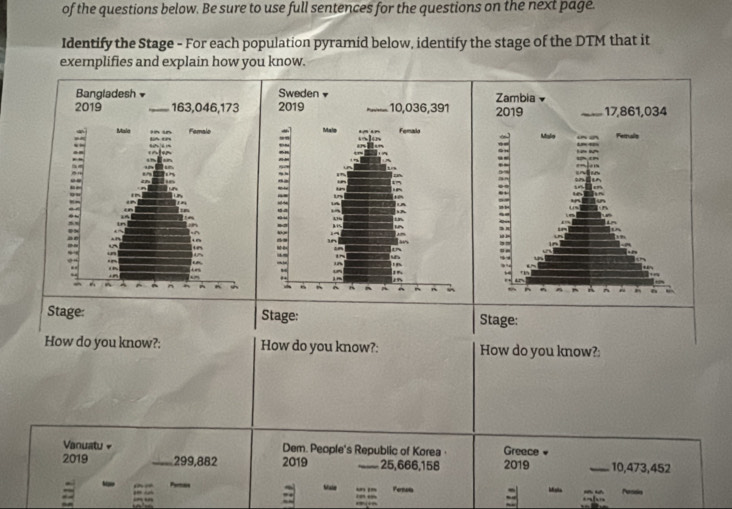 of the questions below. Be sure to use full sentences for the questions on the next page. 
Identify the Stage - For each population pyramid below, identify the stage of the DTM that it 
exemplifies and explain how you know. 

Stage: Stage: Stage: 
How do you know?: How do you know?: How do you know?: 
Vanuatu + Dem. People's Republic of Korea· Greece « 
2019 299,882 2019 25,666,158 2019 _ 10,473,452
= Perais 
Male un i” Fernon