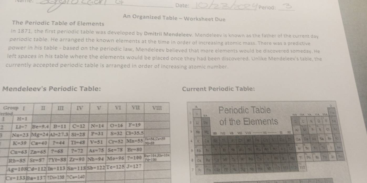 Date: _Period:_
An Organized Table - Worksheet Due
The Periodic Table of Elements
In 1871, the first periodic table was developed by Dmitrii Mendeleev. Mendeleev is known as the father of the current day
periodic table. He arranged the known elements at the time in order of increasing atomic mass. There was a predictive
power in his table - based on the periodic law, Mendeleev believed that more elements would be discovered someday. He
left spaces in his table where the elements would be placed once they had been discovered. Unlike Mendeleev's table, the
currently accepted periodic table is arranged in order of increasing atomic number.
Mendeleev's Periodic Table: Current Periodic Table:
er
1
2
;