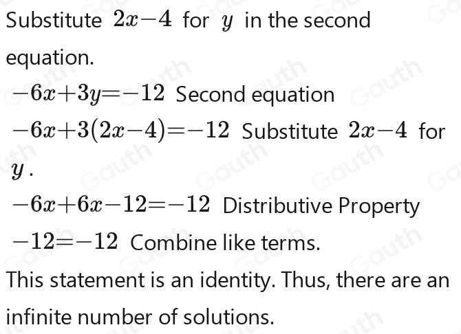 Solved: y=2x-4 3y-6x=-12 [Math]