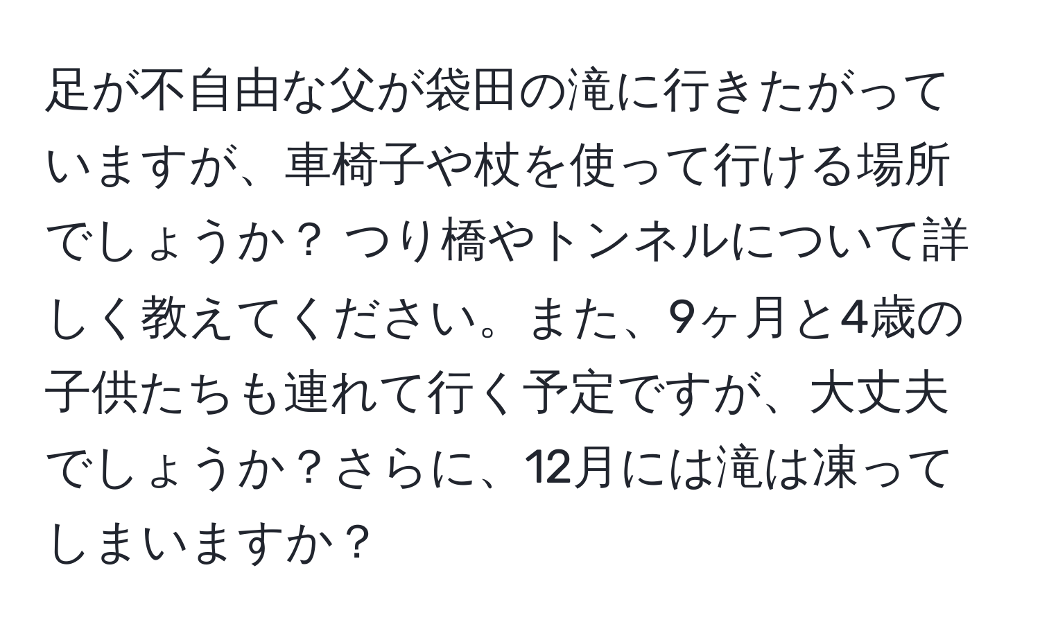 足が不自由な父が袋田の滝に行きたがっていますが、車椅子や杖を使って行ける場所でしょうか？ つり橋やトンネルについて詳しく教えてください。また、9ヶ月と4歳の子供たちも連れて行く予定ですが、大丈夫でしょうか？さらに、12月には滝は凍ってしまいますか？