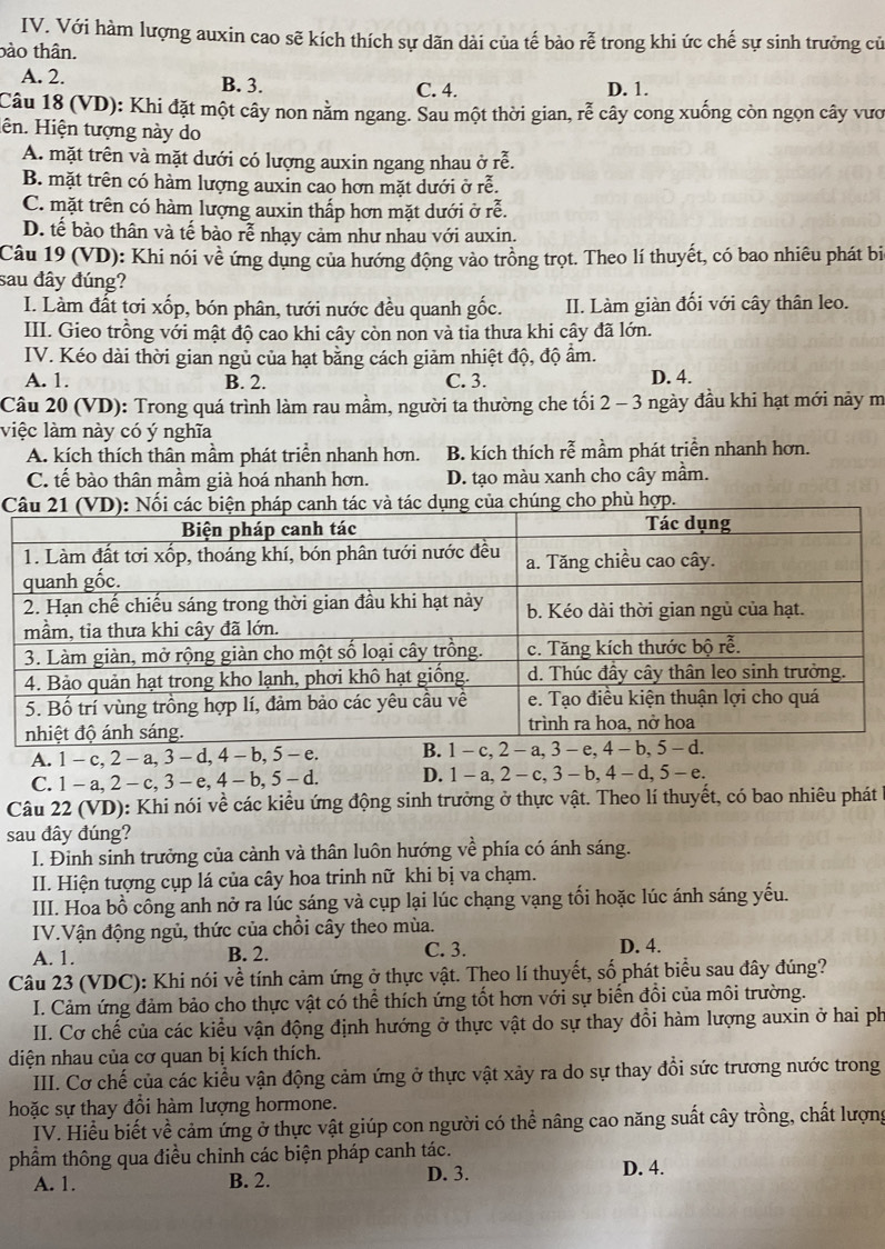 Với hàm lượng auxin cao sẽ kích thích sự dãn dài của tế bảo rễ trong khi ức chế sự sinh trưởng cử
bào thân.
A. 2. B. 3. D. 1.
C. 4.
Câu 18 (VD): Khi đặt một cây non nằm ngang. Sau một thời gian, rễ cây cong xuống còn ngọn cây vưo
ên. Hiện tượng này do
A. mặt trên và mặt dưới có lượng auxin ngang nhau ở rễ.
B. mặt trên có hàm lượng auxin cao hơn mặt dưới ở rễ.
C. mặt trên có hàm lượng auxin thấp hơn mặt dưới ở rễ.
D. tế bào thân và tế bào rễ nhạy cảm như nhau với auxin.
Câu 19 (VD): Khi nói về ứng dụng của hướng động vào trồng trọt. Theo lí thuyết, có bao nhiêu phát bi
sau đây đúng?
I. Làm đất tơi xốp, bón phân, tưới nước đều quanh gốc. II. Làm giàn đối với cây thân leo.
III. Gieo trồng với mật độ cao khi cây còn non và tỉa thưa khi cây đã lớn.
IV. Kéo dài thời gian ngủ của hạt bằng cách giảm nhiệt độ, độ ẩm.
A. 1. B. 2. C. 3. D. 4.
Câu 20 (VD): Trong quá trình làm rau mầm, người ta thường che tối 2 - 3 ngày đầu khi hạt mới này m
việc làm này có ý nghĩa
A. kích thích thân mầm phát triển nhanh hơn. B. kích thích rễ mầm phát triển nhanh hơn.
C. tế bào thân mầm già hoá nhanh hơn. D. tạo màu xanh cho cây mầm.
Cg của chúng cho phù hợp.
A. 1 - c, 2 - a, 3 - d, 4 - b, 5 - e.
C. 1 - a, 2 - c, 3 - e, 4 -b.5 - d. D. 1-a,2-c,3-b,4-d,5-e.
Câu 22 (VD): Khi nói về các kiểu ứng động sinh trưởng ở thực vật. Theo lí thuyết, có bao nhiêu phát
sau đây đúng?
I. Đinh sinh trưởng của cành và thân luôn hướng về phía có ánh sáng.
II. Hiện tượng cụp lá của cây hoa trinh nữ khi bị va chạm.
III. Hoa bồ công anh nở ra lúc sáng và cụp lại lúc chạng vạng tối hoặc lúc ánh sáng yếu.
IV.Vận động ngủ, thức của chồi cây theo mùa.
A. 1. B. 2. C. 3. D. 4.
Câu 23 (VDC): Khi nói về tính cảm ứng ở thực vật. Theo lí thuyết, số phát biểu sau đây đúng?
I. Cảm ứng đảm bảo cho thực vật có thể thích ứng tốt hơn với sự biển đổi của môi trường.
II. Cơ chế của các kiểu vận động định hướng ở thực vật do sự thay đồi hàm lượng auxin ở hai ph
diện nhau của cơ quan bị kích thích.
III. Cơ chế của các kiểu vận động cảm ứng ở thực vật xảy ra do sự thay đổi sức trương nước trong
hoặc sự thay đổi hàm lượng hormone.
IV. Hiểu biết về cảm ứng ở thực vật giúp con người có thể nâng cao năng suất cây trồng, chất lượng
phẩm thông qua điều chỉnh các biện pháp canh tác.
A. 1. B. 2. D. 3.
D. 4.