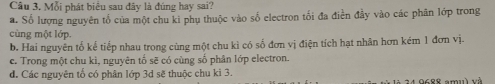 Câu 3, Mỗi phát biểu sau đây là đúng hay sai?
a. Số lượng nguyên tố của một chu ki phụ thuộc vào số electron tối đa điễn đầy vào các phân lớp trong
cùng một lớp.
b. Hai nguyên tố kế tiếp nhau trong cùng một chu kì có số đơn vị điện tích hạt nhân hơn kém 1 đơn vị.
c. Trong một chu kì, nguyên tố sẽ có cùng số phân lớp electron.
đ. Các nguyên tố có phân lớp 3d sẽ thuộc chu kì 3.
24 9688 amu) và