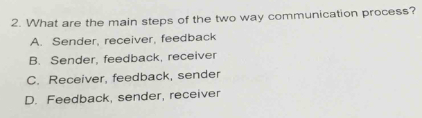 What are the main steps of the two way communication process?
A. Sender, receiver, feedback
B. Sender, feedback, receiver
C. Receiver, feedback, sender
D. Feedback, sender, receiver