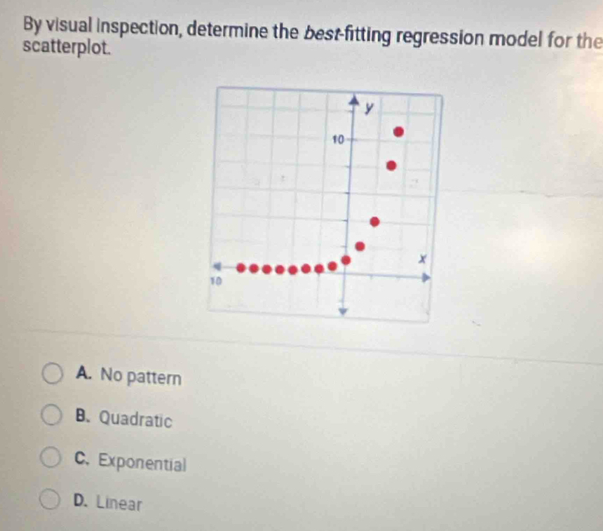 By visual inspection, determine the best-fitting regression model for the
scatterplot.
A. No pattern
B.Quadratic
C. Exponential
D. Linear