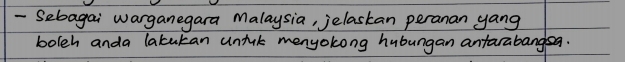 Sebagai warganegara Malaysia, jelaskan peranan yang 
bolch anda lakutan unik menyolong hubungan antarabangsa.