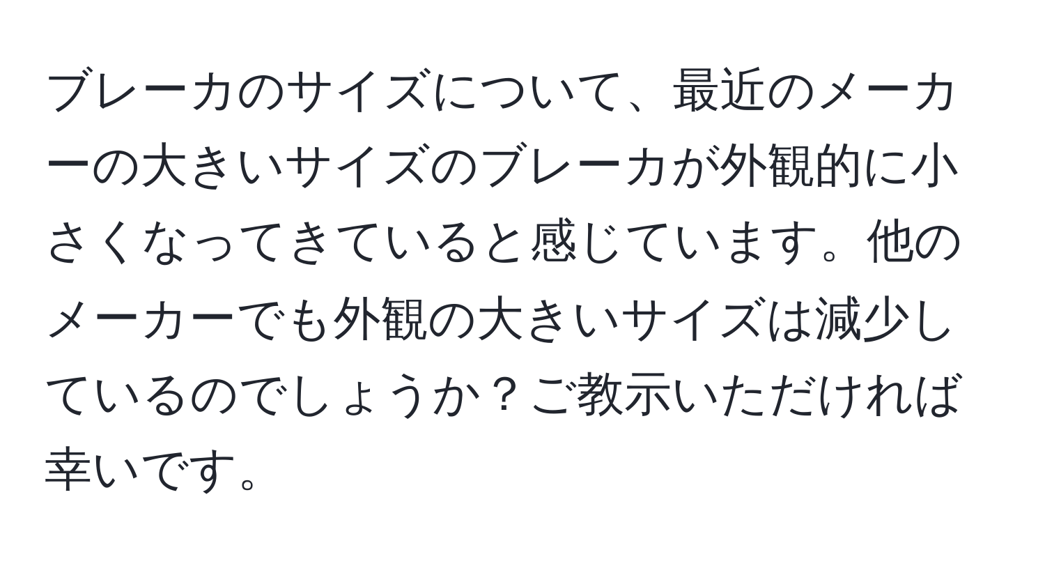 ブレーカのサイズについて、最近のメーカーの大きいサイズのブレーカが外観的に小さくなってきていると感じています。他のメーカーでも外観の大きいサイズは減少しているのでしょうか？ご教示いただければ幸いです。