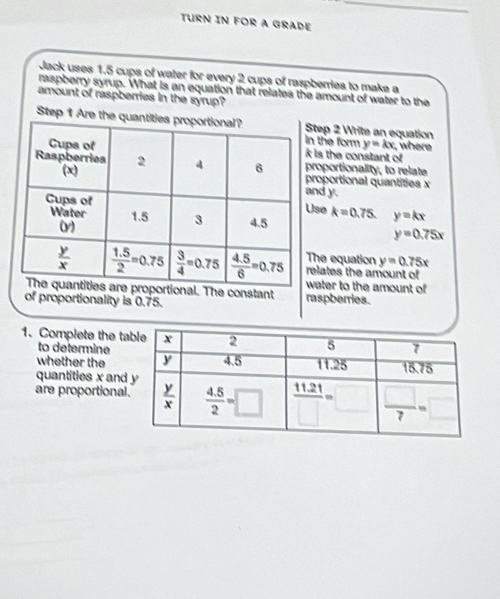 TURN IN FOR A GRADE
Jack uses 1.5 cups of water for every 2 cups of raspberries to make a
raspberry syrup. What is an equation that relates the amount of water to the
amount of raspberries in the syrup?
Step 1 Are tep 2 Write an equation
the form y=kx where
is the constant of
oportionality, to relate
roportional quantities x
d y.
se k=0.75. y=kx
y=0.75x
he equation y=0.75x
lates the amount of
ater to the amount of
he constant
of proportionality is 0.75. raspberries.
1. Complete the t
to determine
whether the
quantities x and
are proportional