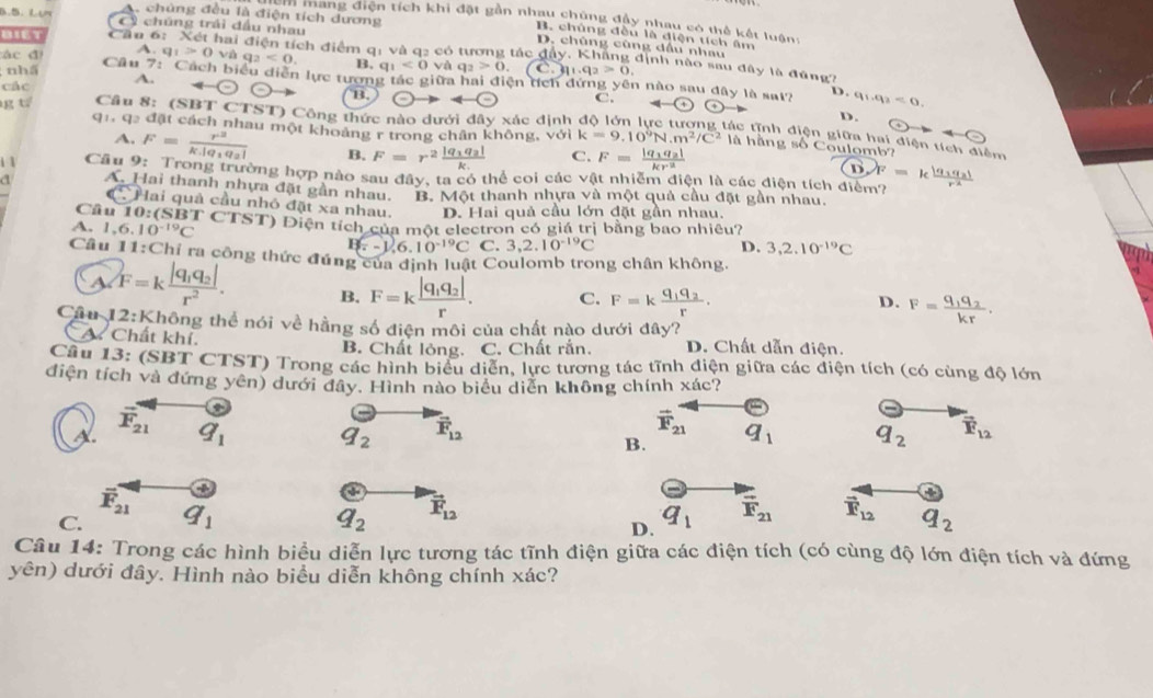 A. chủng đều là điện tích dương
3.5. Lưn  chúng trái đầu nhau
em mang điện tích khi đặt gần nhau chúng đầy nhau có thể kết luận:
B. chúng đều là điện tích âm
biet Ca
D. chùng cũng dầu nhau
ch điểm q: và q2 có tương tác đây, Khẳng định nào sau đây là đúng?
B. q_1<0vaq_2>0.
nhá overline C.q_1.q_2>0.
àc đ Câu A.q_1>0vhat aq_2<0. 71 Cách biểu diễn lực tương tác giữa hai điện tích đứng yên nào sau dây là sat? 9.q_1,q_2<0.
các A.
B

C.
D.
g t/  Câu 8: (SBT CTST) Công thức nào dưới đây xác định độ lớn lực tương tác tĩnh điện giữa hai điện tích điểm
qi, qa đặt cách nhau một khoảng r trong chân không, với k=9.10^9N.m^2/C^2 là hằng số Coulomb?
A, F=frac r^2k.|q_1q_2| B. F=r^2frac |q_1q_2|k. C. F=frac |q_1q_2|kr^2
1 1 Câu 9: Trong trường hợp nào sau đây, ta có thể coi các vật nhiễm điện là các điện tích điểm? DF=kfrac |q_1q_2|r^2
a A. Hai thanh nhựa đặt gần nhau. B. Một thanh nhựa và một quả cầu đặt gần nhau.
4 Hai quả cầu nhỏ đặt xa nhau.
Câu 10: D. Hai quả cầu lớn đặt gần nhau.
A. 1,6.10^(-19)C (SBT CTST) Diện tích của một electron có giá trị bằng bao nhiêu?
B=-1.6.10^(-19)C C.3,2.10^(-19)C D. 3,2.10^(-19)C
Câu 11:( Chỉ ra công thức đúng của định luật Coulomb trong chân không.
A F=kfrac |q_1q_2|r^2. B. F=kfrac |q_1q_2|r. C. F=kfrac q_1q_2r.
D. F=frac q_1q_2kr.
Câu 12:KI hông thể nói về hằng số điện môi của chất nào dưới day
A. Chất khí. D. Chất dẫn điện.
B. Chất lỏng. C. Chất rắn.
Câu 13: SI BT CTST) Trong các hình biểu diễn, lực tương tác tĩnh điện giữa các điện tích (có cùng độ lớn
điện tích và đứng yên) dưới đây. Hình nào biểu diễn không chính xác?
vector F_21
vector F_21
A. q_1 q_2 vector F_12 q_1 q_2 vector F_12
B.
overline F_21 downarrow
C. q_1 q_2 vector F_12
D. q_1 vector F_21 vector F_12 q_2
Câu 14: Trong các hình biểu diễn lực tương tác tĩnh điện giữa các điện tích (có cùng độ lớn điện tích và đứng
yên) dưới đây. Hình nào biểu diễn không chính xác?