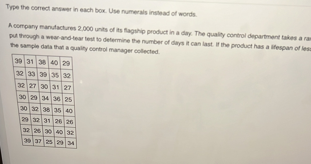 Type the correct answer in each box. Use numerals instead of words. 
A company manufactures 2,000 units of its flagship product in a day. The quality control department takes a rai 
put through a wear-and-tear test to determine the number of days it can last. If the product has a lifespan of les: 
the sample data that a quality control manager collected.