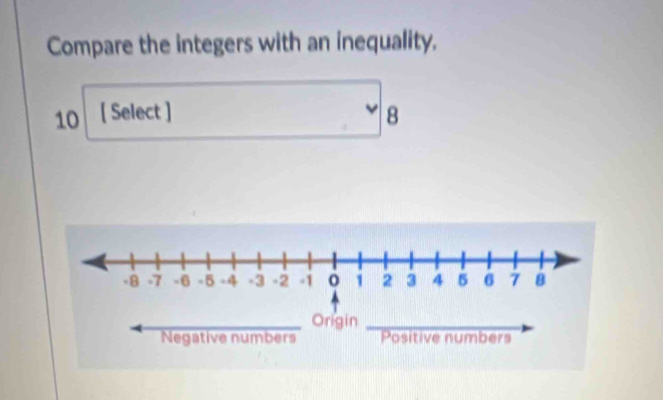 Compare the integers with an inequality.
10 [ Select ] 8