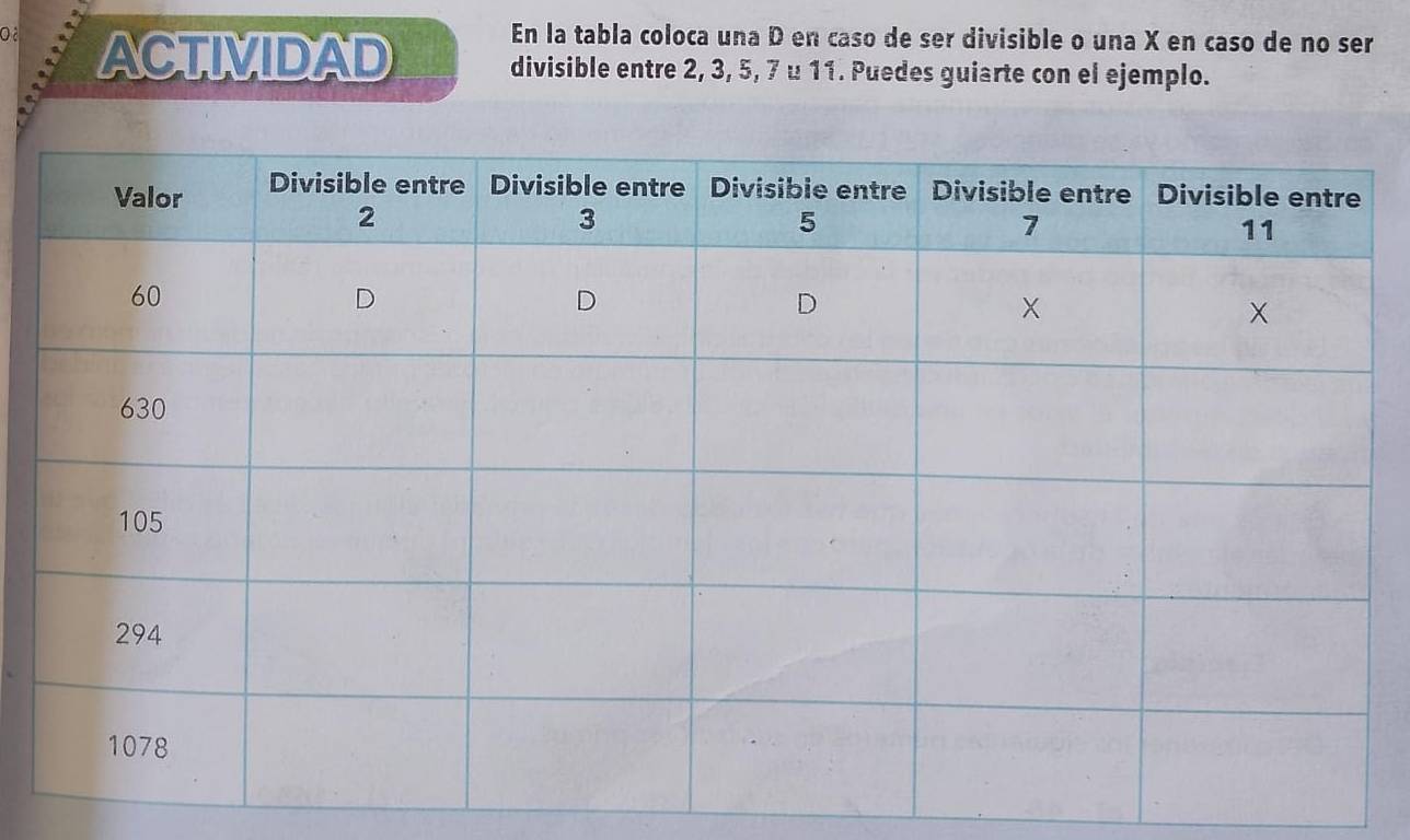 En la tabla coloca una D en caso de ser divisible o una X en caso de no ser 
O à ACTIVIDAD divisible entre 2, 3, 5, 7 u 11. Puedes guiarte con el ejemplo.