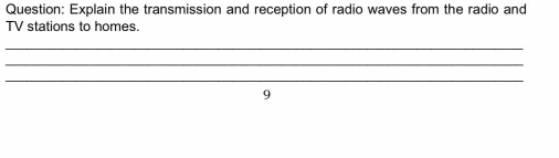 Explain the transmission and reception of radio waves from the radio and 
TV stations to homes. 
_ 
_ 
_ 
9