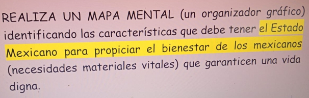 REALIZA UN MAPA MENTAL (un organizador gráfico) 
identificando las características que debe tener el Estado 
Mexicano para propiciar el bienestar de los mexicanos 
(necesidades materiales vitales) que garanticen una vida 
digna.