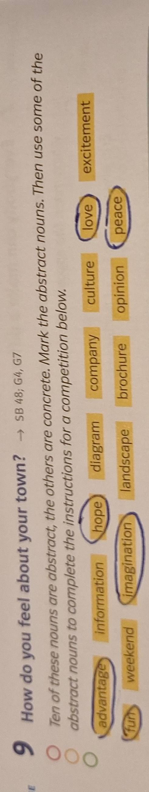 How do you feel about your town? SB 48; G4, G7 
Ten of these nouns are abstract, the others are concrete. Mark the abstract nouns. Then use some of the 
abstract nouns to complete the instructions for a competition below. 
advantage information hope diagram company culture love excitement 
fun weekend imagination landscape brochure opinion peace